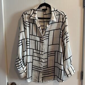 Vintage Haver London Geometric Top White Collared Button Front Long Sleeve Sz XL